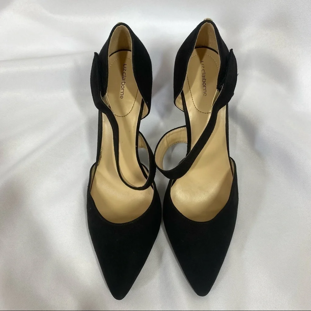 Liz Claiborne | Black Pointed Toe Velvet Heels Strap Women's Size 9.5